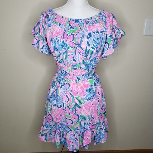 Lilly Pulitzer Dress Maddlyn Off Shoulder Tiger Sunrise Small NEW Summer 2 4 6 - Picture 4 of 12